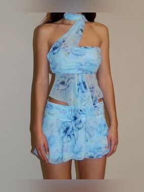 Guizio Chiffon Wrap Around Set Top & Slit Mini Skirt Angel Blue Ambrosia XS NWOT